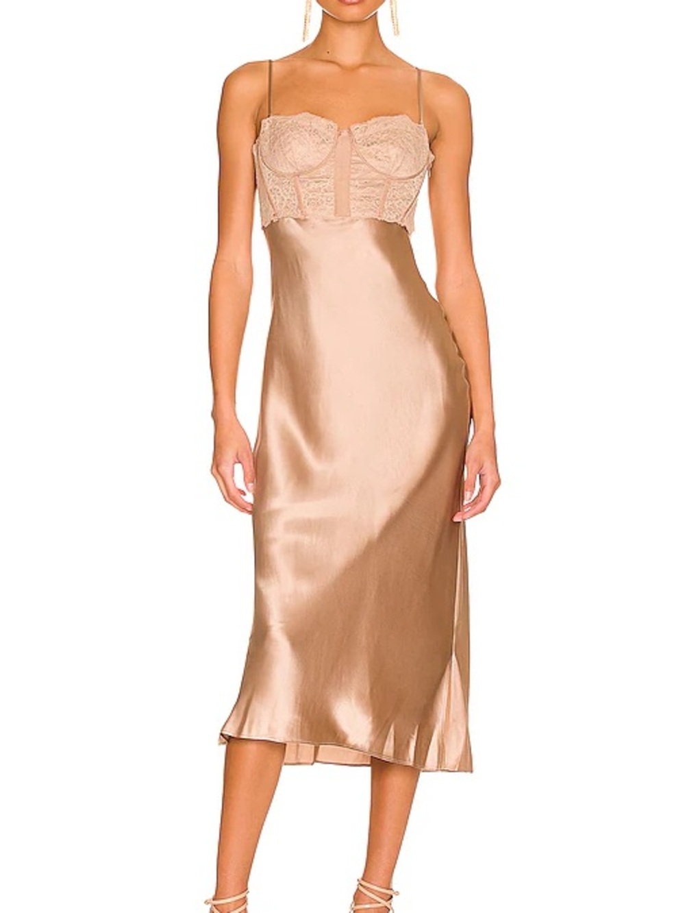 Cami NYC Satin Lace Bustier Midi Slip Dress in Champagne sz 2